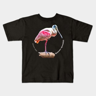 Roseate spoonbill tropical bird pin white text Kids T-Shirt